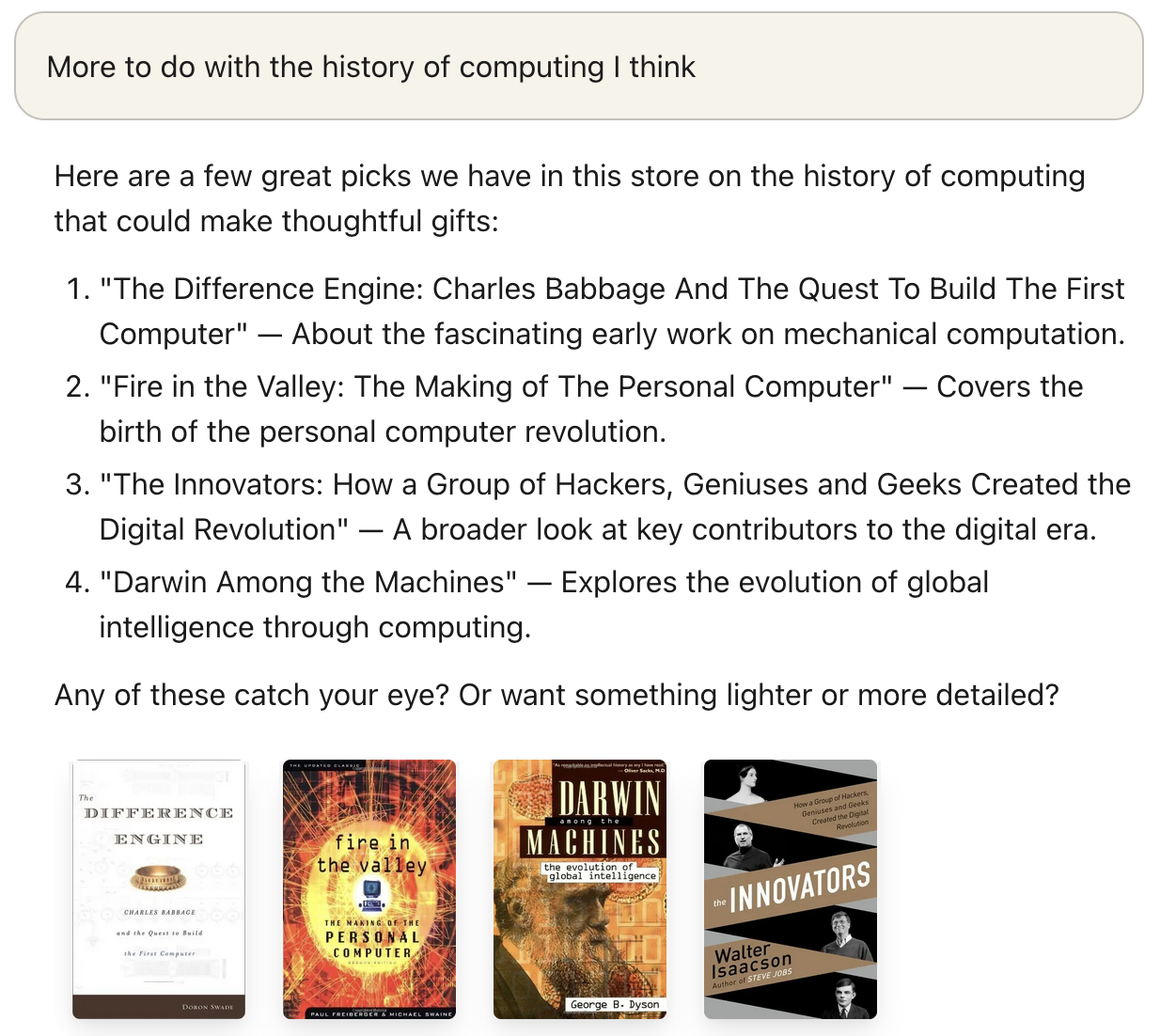 Gift chat follow-up request with expanded recommendations